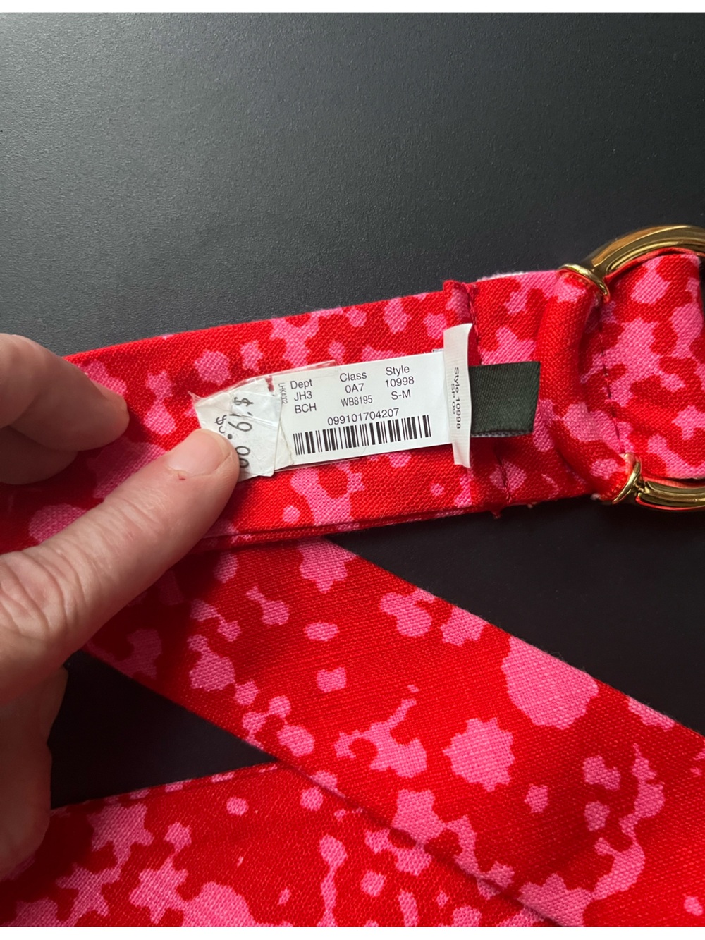 J. Crew Red and Pink Patterned Fabric Belt with Gold Ring Accent NWT - Picture 4 of 4